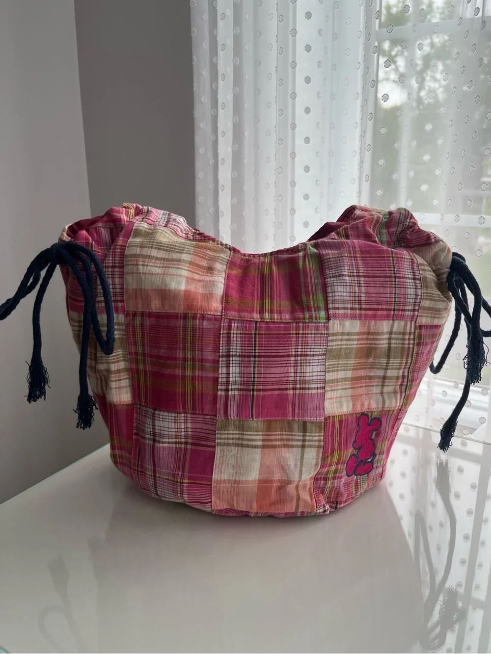 Disney Vintage Y2K Pink Plaid Patchwork Shoulder Bag with Navy Drawstrings - Picture 2 of 7